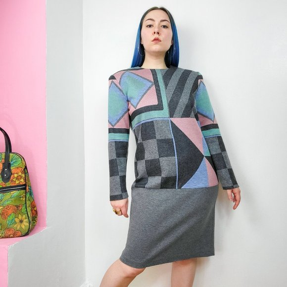 Vintage 80s Multi Color Geometric Print Knit Dress - Picture 6 of 7